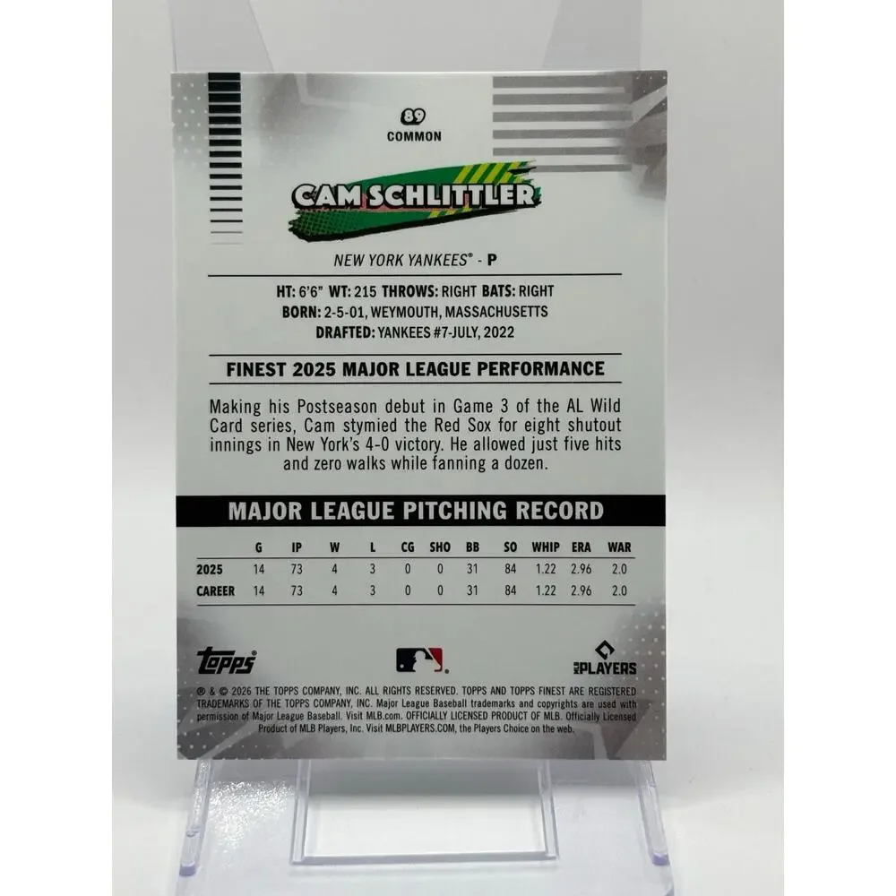 2026 Topps Finest Cam Schlittler Rookie Purple Geometric Refractor 50/75 SP RC